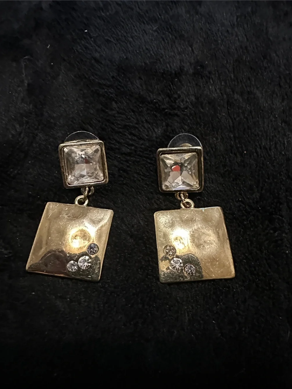 Gold Tone Square Drop POST Earrings with Clear Crystals Lightweight
